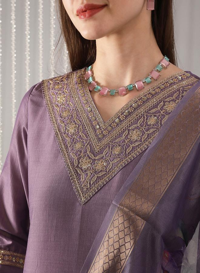globus Women Purple Embroidered Kurta with Pant and Printed Dupatta Set - Image 3